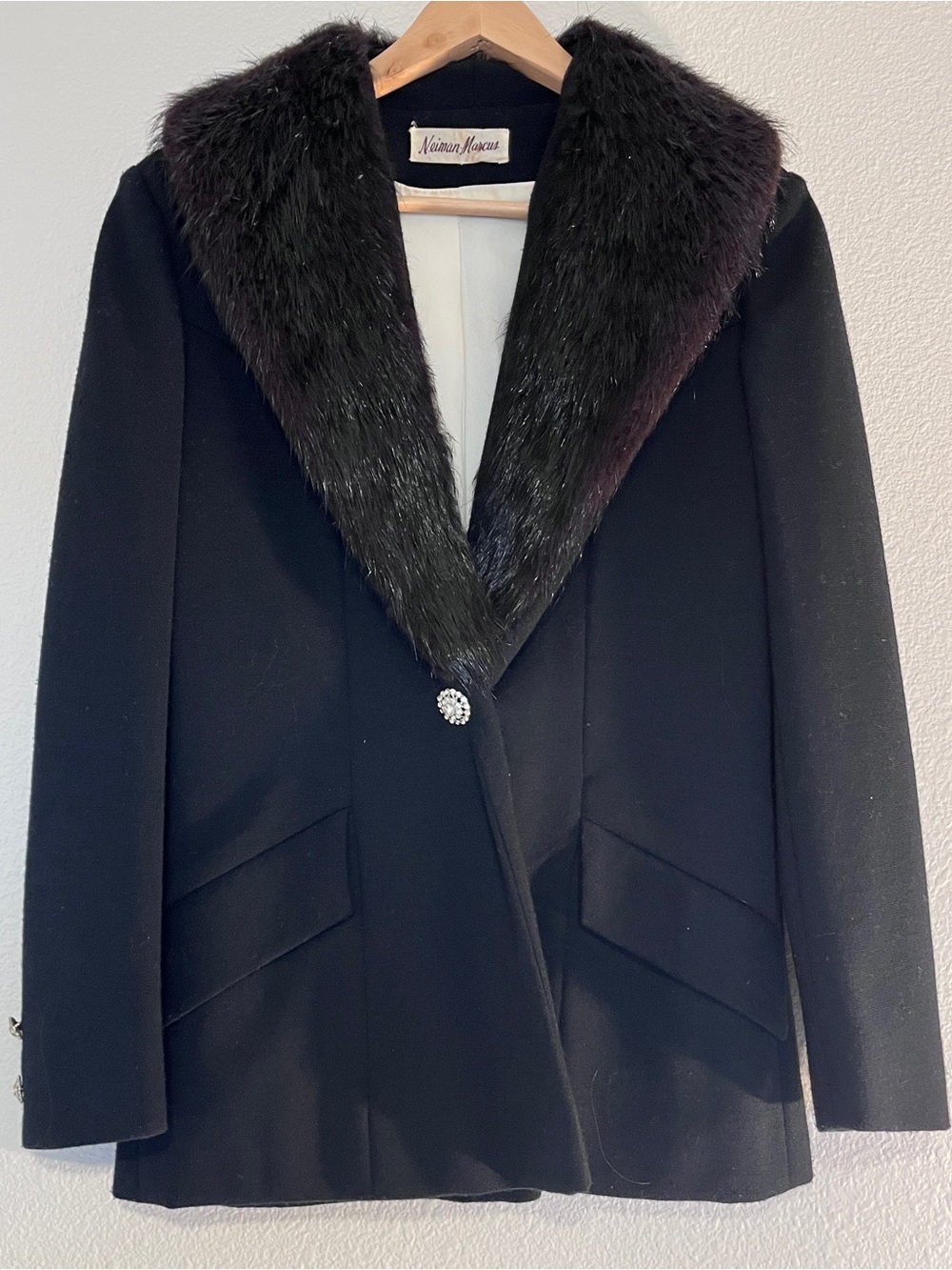 VTG 80s Neiman Marcus Black Wool Blazer Jacket Faux Fur Collar Rhinestone S